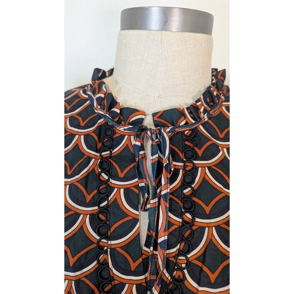 Alice Blue Scallop Print Blouse Ruffle Shoulder Button Front Tie Neck Top 1X - Picture 2 of 9